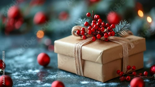 Festive holiday gift box with red berries and twine on snowy surface