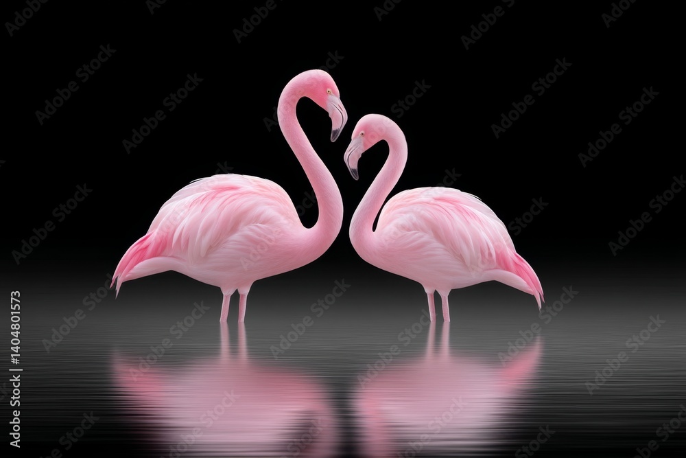 Fototapeta premium Two flamingos standing in mirror image, forming a heart shape with their necks