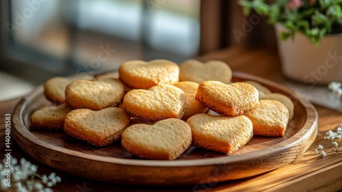 Heartshaped cookies on wooden plate in sunlit kitchen closeup