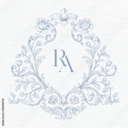 Vintage Floral Monogram Crest with Ornate Roses and Scrollwork. Hand-Drawn Botanical Frame with Elegant Monogram Letters RA.