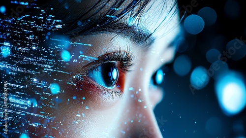 A close-up of a woman's eye, immersed in a digital world. The intricate details illustrate the fusion of technology and human perception, highlighting innovation and creativity.