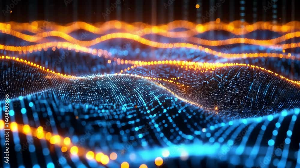 Abstract Blue And Orange Particle Waves, Dark Background, Dynamic Motion, 3D Rendering Abstract Blue And Orange Particle Waves, Dark Background, Dynamic Motion, 3D Rendering