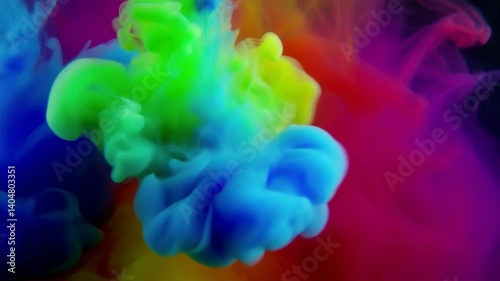 Witness the mesmerizing interplay of rainbow colored inks in pristine water, as vibrant pigments cascade and blend, forming ethereal shapes and soothing color harmonies, a visual symphony.
