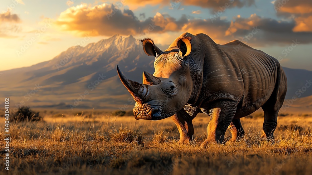 Obraz premium A majestic rhinoceros grazes in the golden savannah at sunset, with a stunning mountain backdrop, highlighting the beauty of wildlife in its natural habitat.