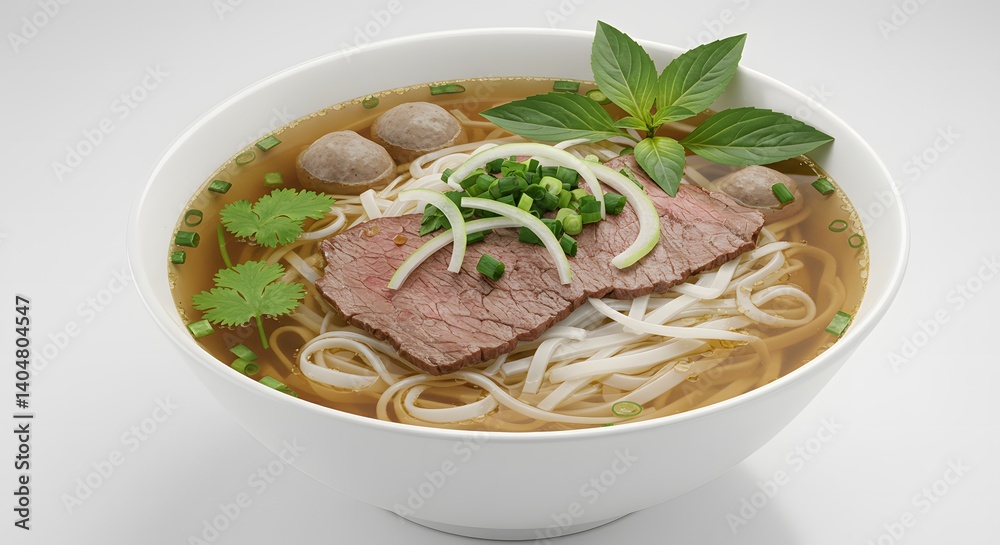 Pho bo , Vietnamese rice noodle soup with sliced rare beef isolated on white background Pho bo , Vietnamese rice noodle soup with sliced rare beef isolated on white background