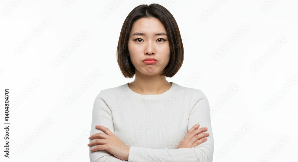 Frustrated young korean woman with arms crossed against plain backdrop Frustrated young korean woman with arms crossed against plain backdrop