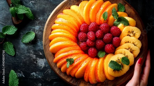 Woman arranging vibrant fruit platter with oranges, peaches, and raspberries on dark surface