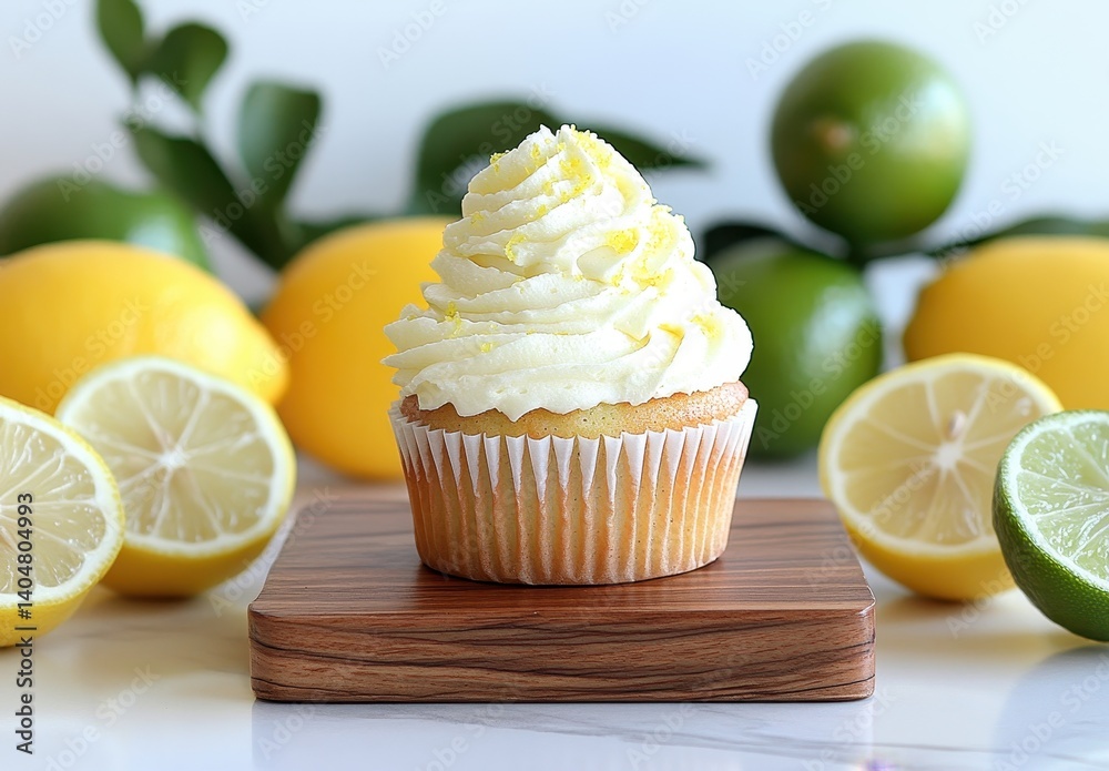 Freshly Baked Lemon Cupcake with Creamy Frosting Surrounded by Citrus Fruits on a Wooden Serving Board Freshly Baked Lemon Cupcake with Creamy Frosting Surrounded by Citrus Fruits on a Wooden Serving Board