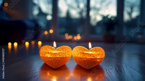 Romantic evening with heartshaped candles glowing indoors at twilight