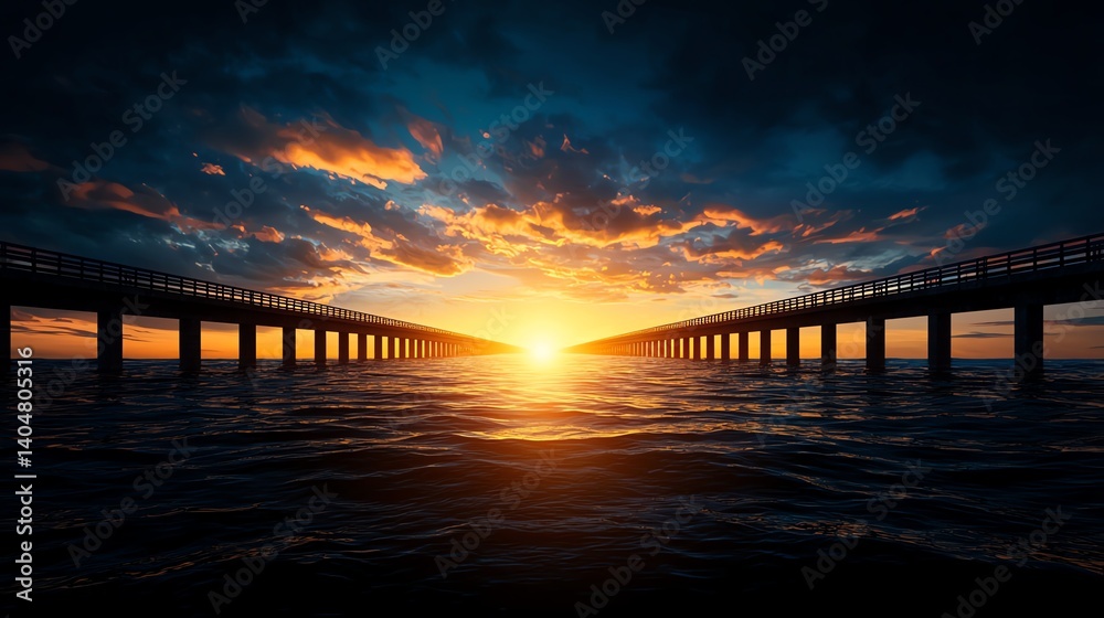 A breathtaking sunset over the ocean with a pier extending into the horizon. The sky is painted with vibrant hues, reflecting off the water, creating a serene and captivating view. A breathtaking sunset over the ocean with a pier extending into the horizon. The sky is painted with vibrant hues, reflecting off the water, creating a serene and captivating view.
