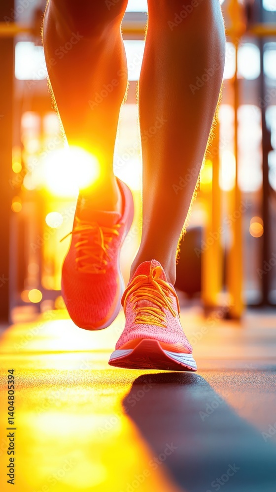 Fototapeta premium Motivated runner steps through gym entrance during bright morning light