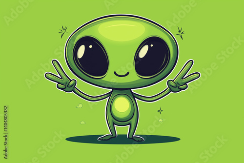 Cute Alien Character with Big Expressive Eyes and Antennas Holding Peace Sign, Fun Mascot Logo Design on Vibrant Green Background, Cartoon Space Creature