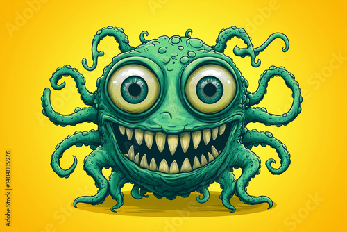 Quirky Green Monster with Multiple Eyes and Tentacles Smiling Mischievously, Funky Mascot Character Design for Logo, Stickers, and Branding – Playful Cartoon Creature