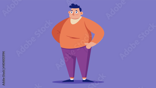 A man wears baggy clothes to hide his shrinking frame feeling ashamed and embarrassed of his changing body.. Vector illustration