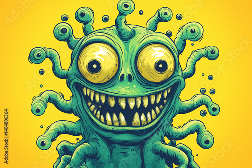 Quirky Green Monster with Multiple Eyes and Tentacles Smiling Mischievously, Monster Mascot Logo Design
