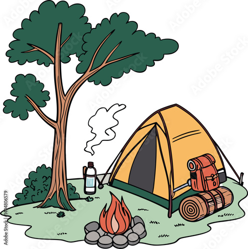A charming illustration of a peaceful campsite nestled beneath a large tree.