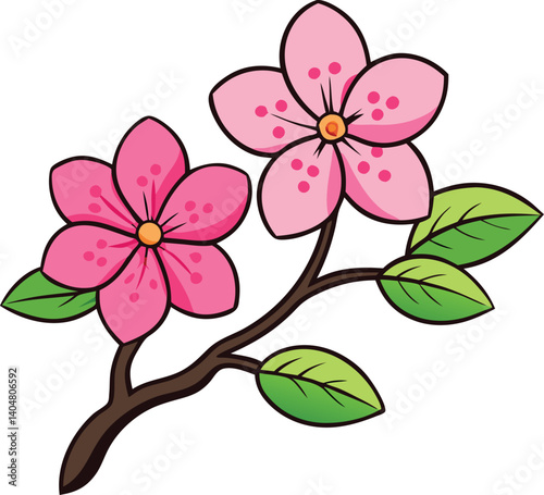 A cheerful and simple illustration of two vibrant pink cherry blossoms on a brown branch with green leaves.