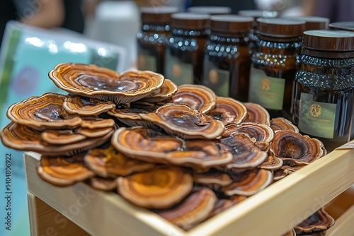 A local health expo demonstrating the uses of reishi mushrooms in wellness products,