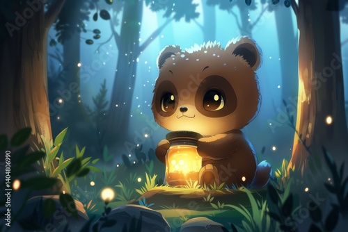 Cute cartoon bear with a jar of honey on a white background