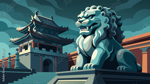 A lion statue sits on a stone pedestal in front of two stone pillars. The statue is looking at the camera with a menacing expression. Concept of mystery and intrigue
