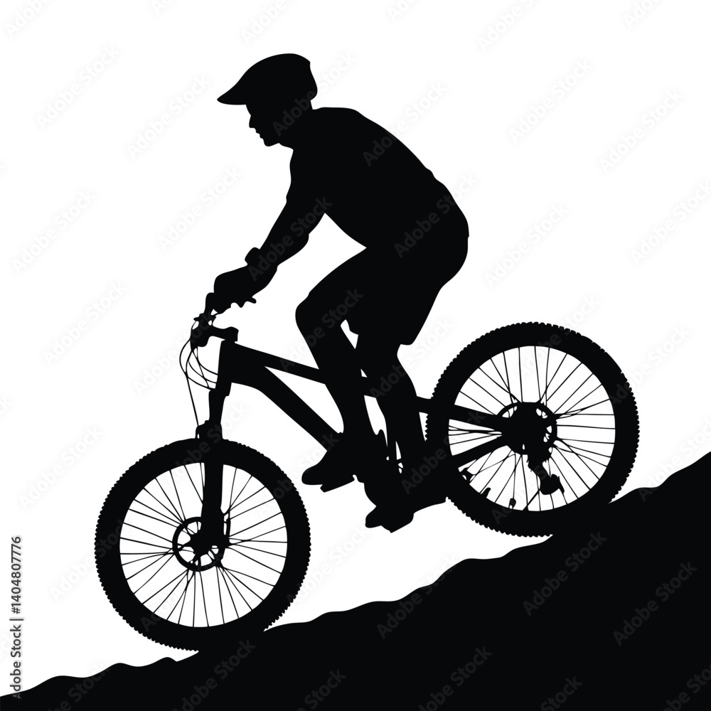 Fototapeta premium Silhouette Cyclist Riding Downhill on Mountain Bike with Transparent Background