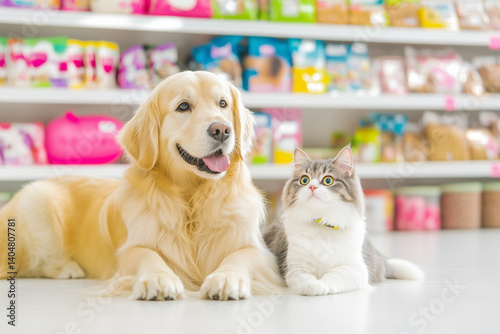 A cat and a dog lying side by side in a pet store, looking upwards with anticipation. The shelves are full of pet food and supplies photo
