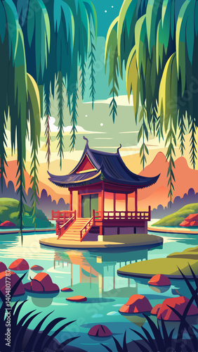 A serene and peaceful scene of a small pond with a pagoda in the middle. The pagoda is surrounded by trees and has a red door. The water is calm and the sky is a beautiful mix of colors