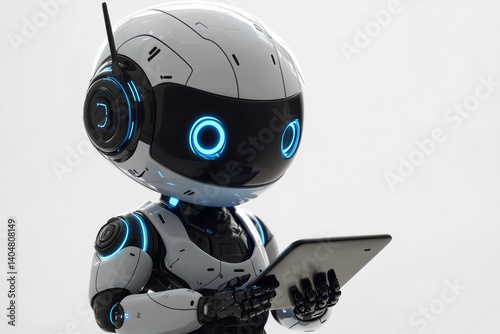 Cartoonish Robot Holding Smartphone, Tech Mascot Logo Design with Modern Digital Elements on Solid Gray Background, AI-Generated Illustration