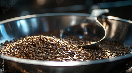 Flax seeds in metal bowl with spoon in kitchen setting