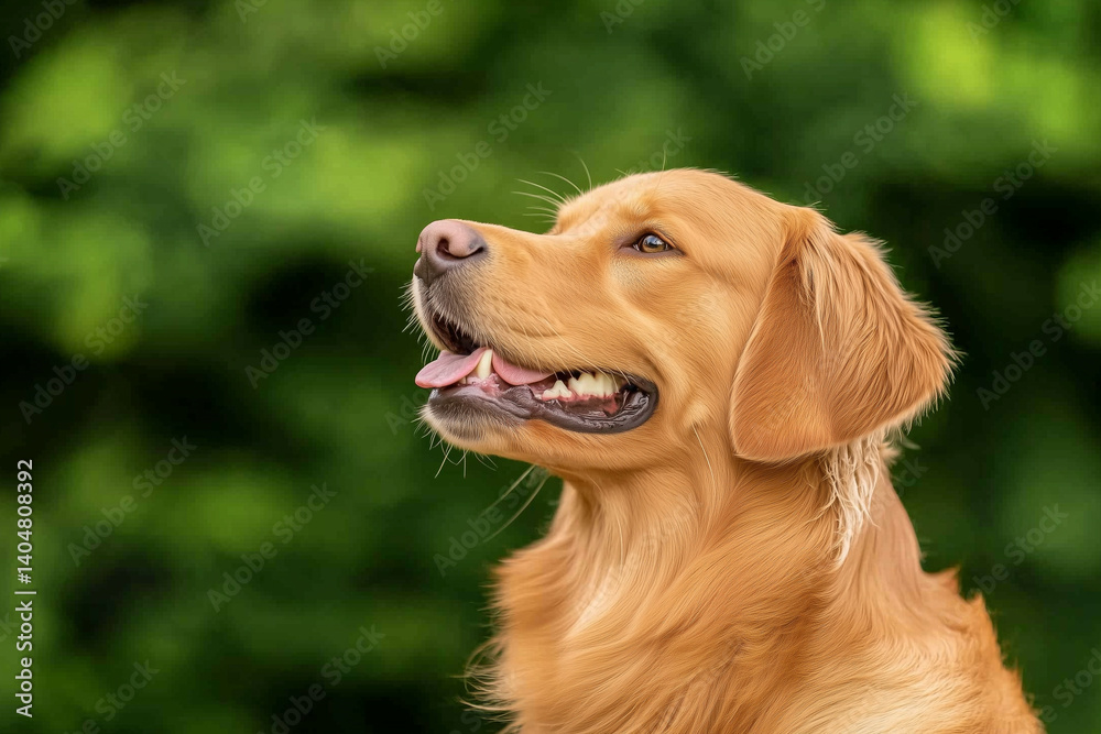 A Golden Retriever smiling happily, against a backdrop of lush green foliage. The dog's fur glows in the sunlight, showcasing its vibrant color A Golden Retriever smiling happily, against a backdrop of lush green foliage. The dog's fur glows in the sunlight, showcasing its vibrant color