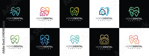 Collection of home dental clinic logo design templates. Home logo icon combined with teeth