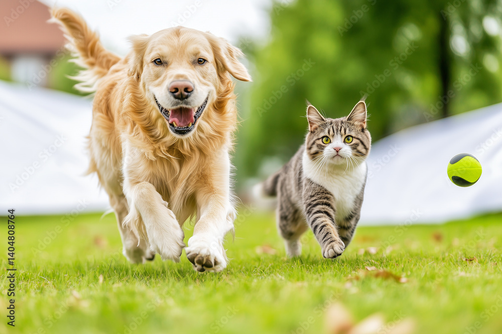 custom made wallpaper toronto digitalA playful golden retriever running towards a tabby cat, both with expressions of joy. The dog has its tongue out, and the cat has its ears perked up. A green tennis ball is in mid-air behind them.