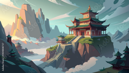A beautiful mountain landscape with a large building in the middle. The building has a lot of detail and is surrounded by trees and rocks