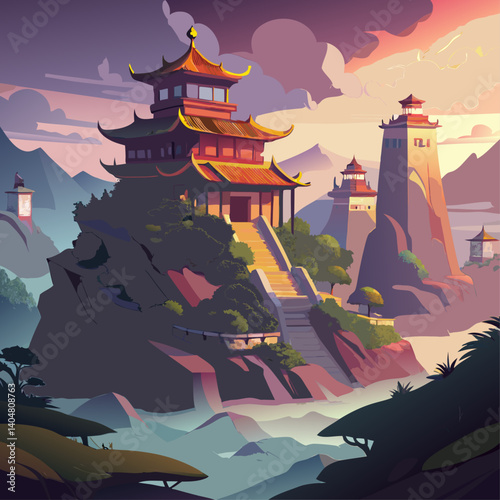 A beautiful mountain landscape with a large building in the middle. The building has a lot of detail and is surrounded by trees and rocks