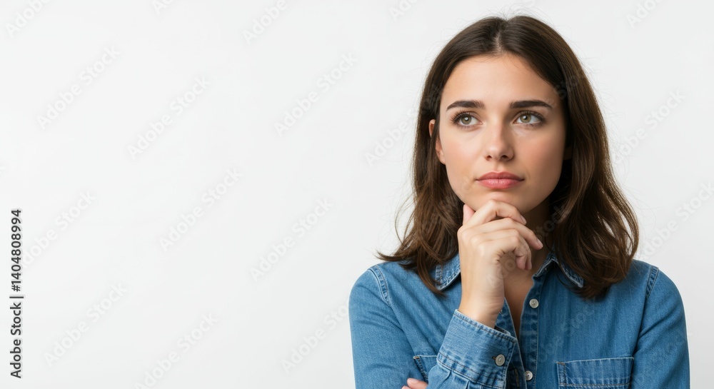 Contemplative young woman with distant gaze in denim shirt against a white backdrop Contemplative young woman with distant gaze in denim shirt against a white backdrop