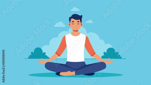 After a stressful day a man practices deep breathing exercises to calm his mind and release tension in his body.. Vector illustration