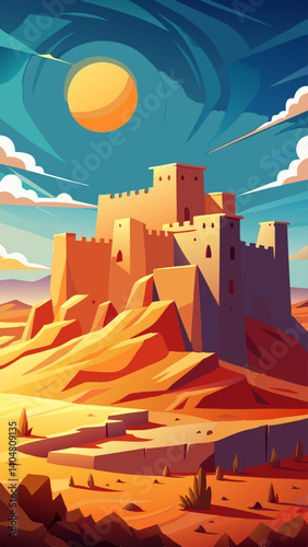 A castle is shown in a desert landscape with a bright sun in the sky. The castle is surrounded by a wall and has a large archway. The scene is peaceful and serene