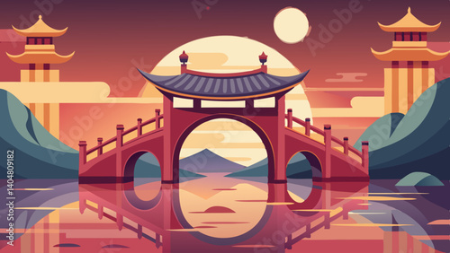 A bridge with a pink roof and a pink bridge. The bridge is over a body of water