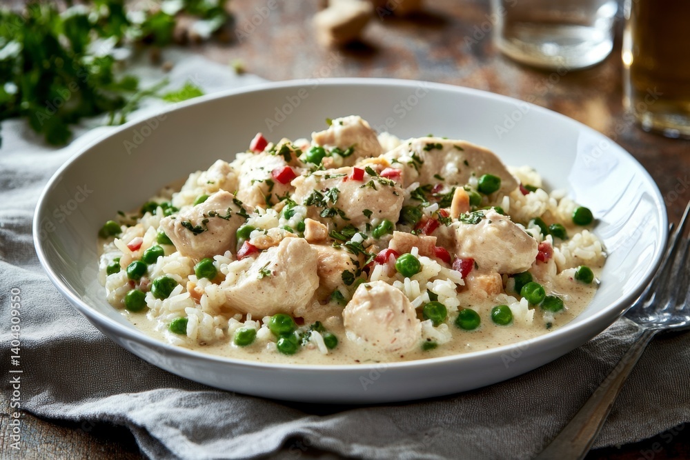 Creamy Chicken Dish with Peas and Apples in Elegant Bowl Creamy Chicken Dish with Peas and Apples in Elegant Bowl