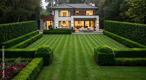 Modern Home Exterior at Dusk: Landscaped Garden View AI Generated