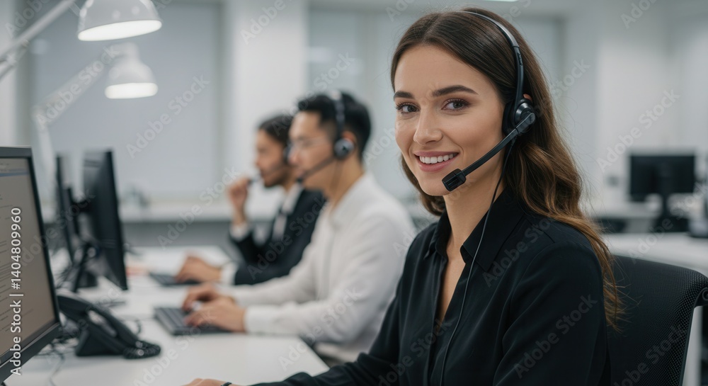 Young caucasian female customer service representative in call center environment. Young caucasian female customer service representative in call center environment.