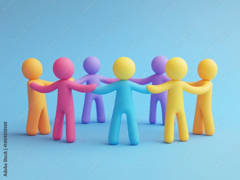 Colorful 3D Figures Embracing in a Circle Against a Blue Backdrop Colorful 3D Figures Embracing in a Circle Against a Blue Backdrop