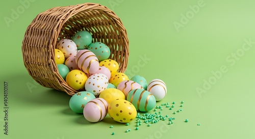 Colorful Easter Egg Basket Flat Lay on Pastel Background, Perfect Spring Decoration Inspiration