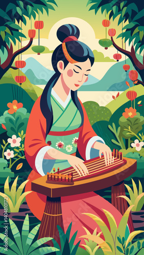 A woman is playing a stringed instrument in a lush green forest. The scene is peaceful and serene, with the woman's focus on her music