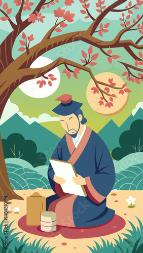 A man is sitting in a field reading a book. The scene is peaceful and serene, with a beautiful tree in the background. The man is enjoying his time reading, and the overall mood of the image is calm