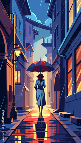 A woman is walking down a wet street with an umbrella. The scene is set at night, and the woman is the only person in the image. Scene is somber and lonely