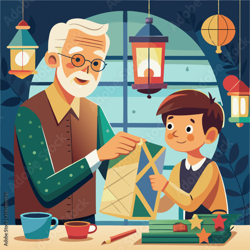 An old man is teaching a young boy how to read a map. The boy is holding the map and the man is pointing to it. The scene is set in a cozy room with a cup and a book on the table