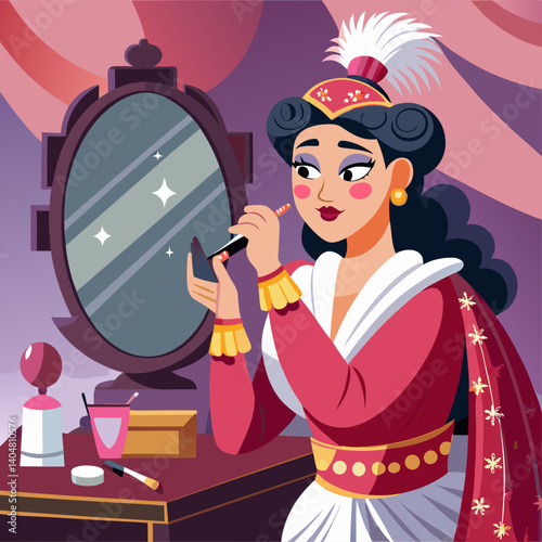 A woman in a red dress is looking at herself in a mirror. She is wearing a crown and has a necklace. The room is decorated with a blue curtain and a vase