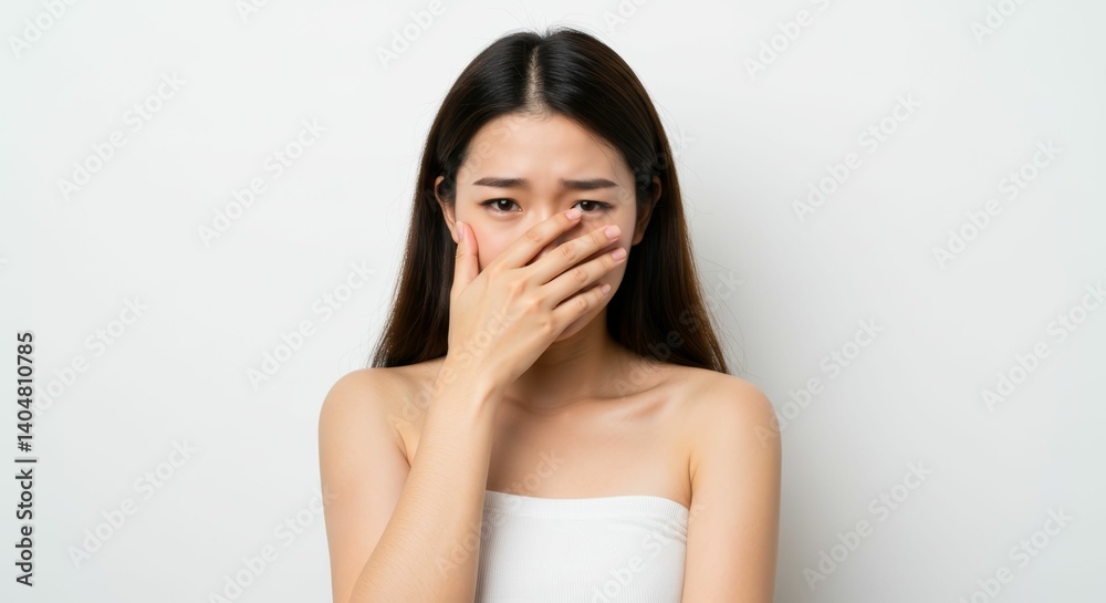 Young Korean woman expressing shame, covering face against a plain background Young Korean woman expressing shame, covering face against a plain background