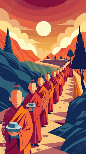 A group of monks are walking down a path with bowls in their hands. The scene is peaceful and serene, with the monks walking in a line and the sun shining in the background